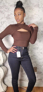 Front Cut Long Sleeve Bodysuit - Brown