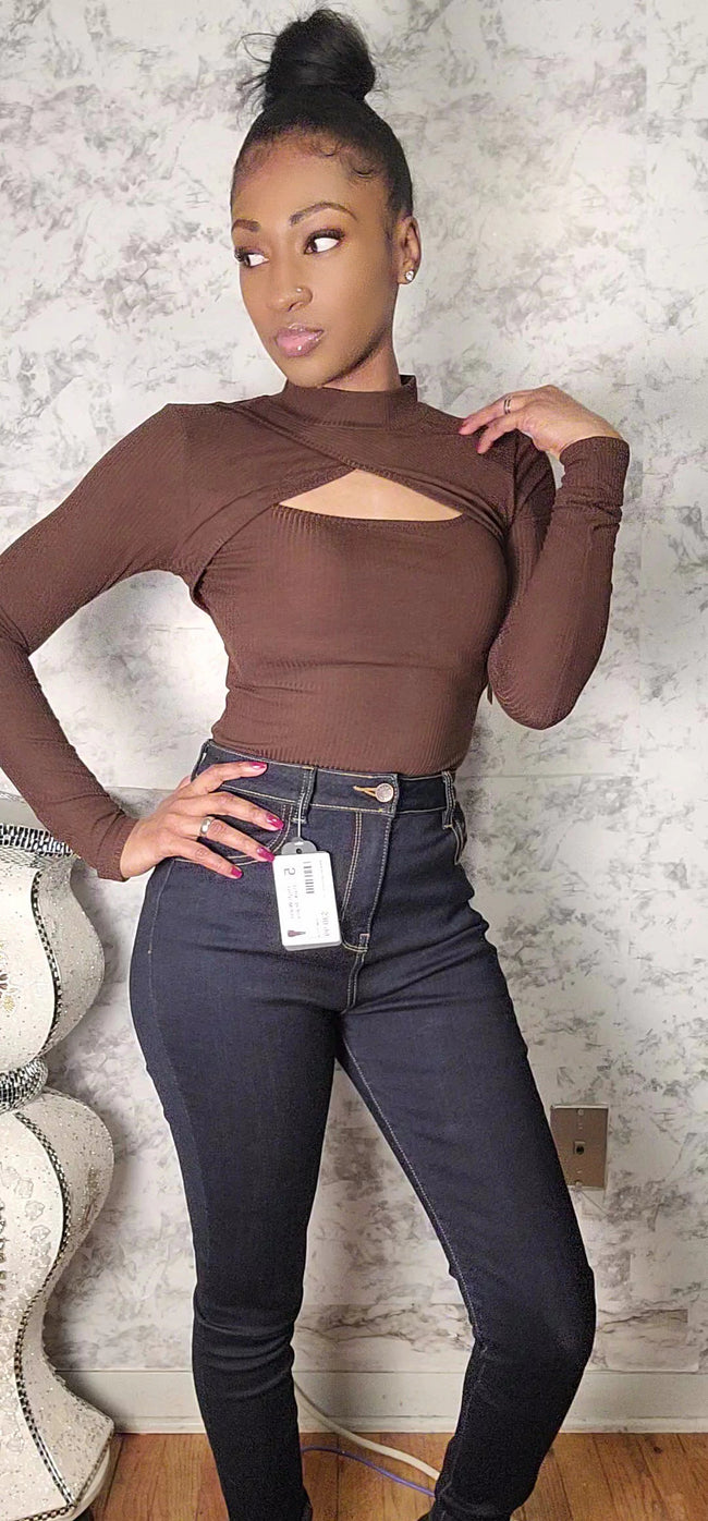 Front Cut Long Sleeve Bodysuit - Brown Main Image