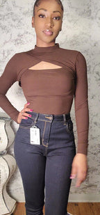 Front Cut Long Sleeve Bodysuit - Brown