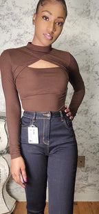 Front Cut Long Sleeve Bodysuit - Brown