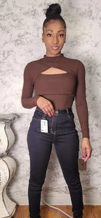 Front Cut Long Sleeve Bodysuit - Brown