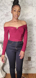 Off Shoulder Long Sleeve Top With Brooch