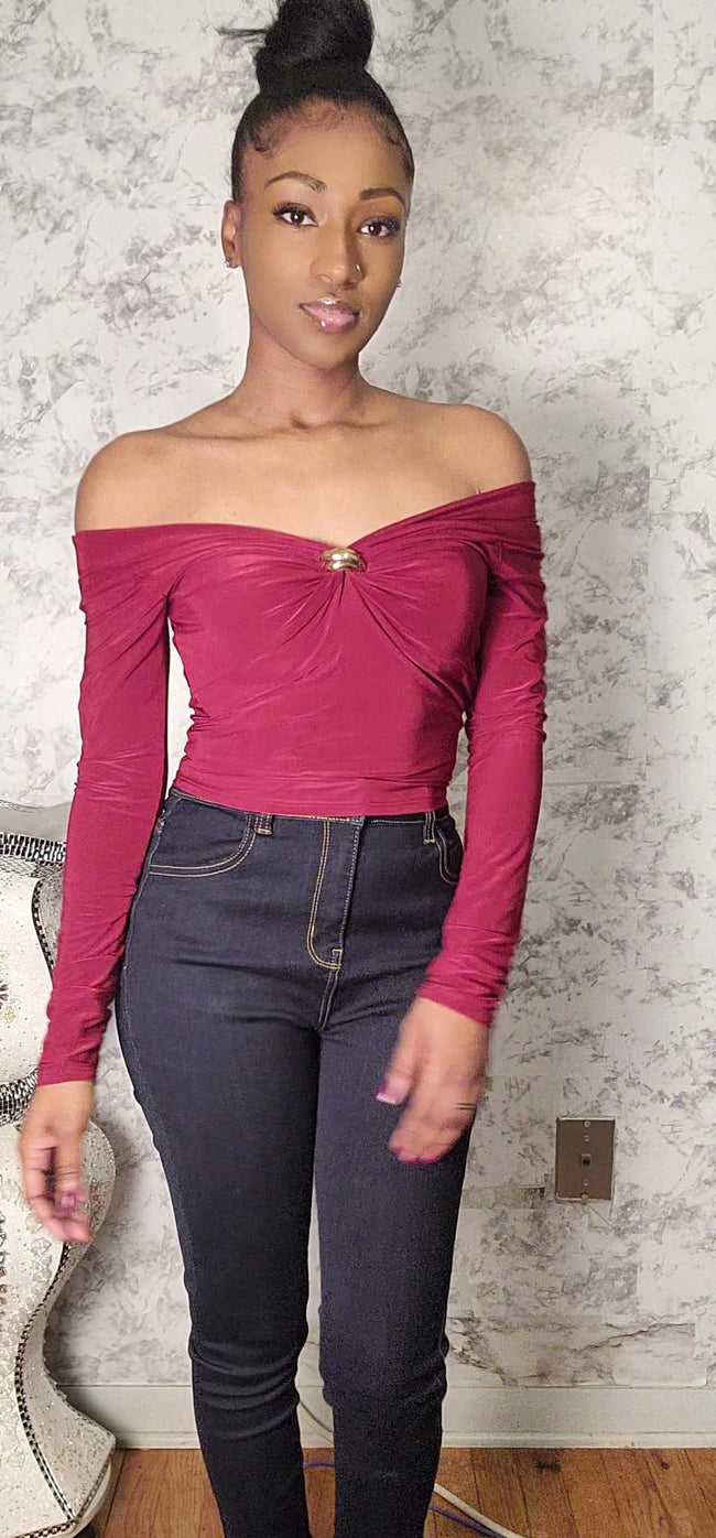 Off Shoulder Long Sleeve Top With Brooch Main Image