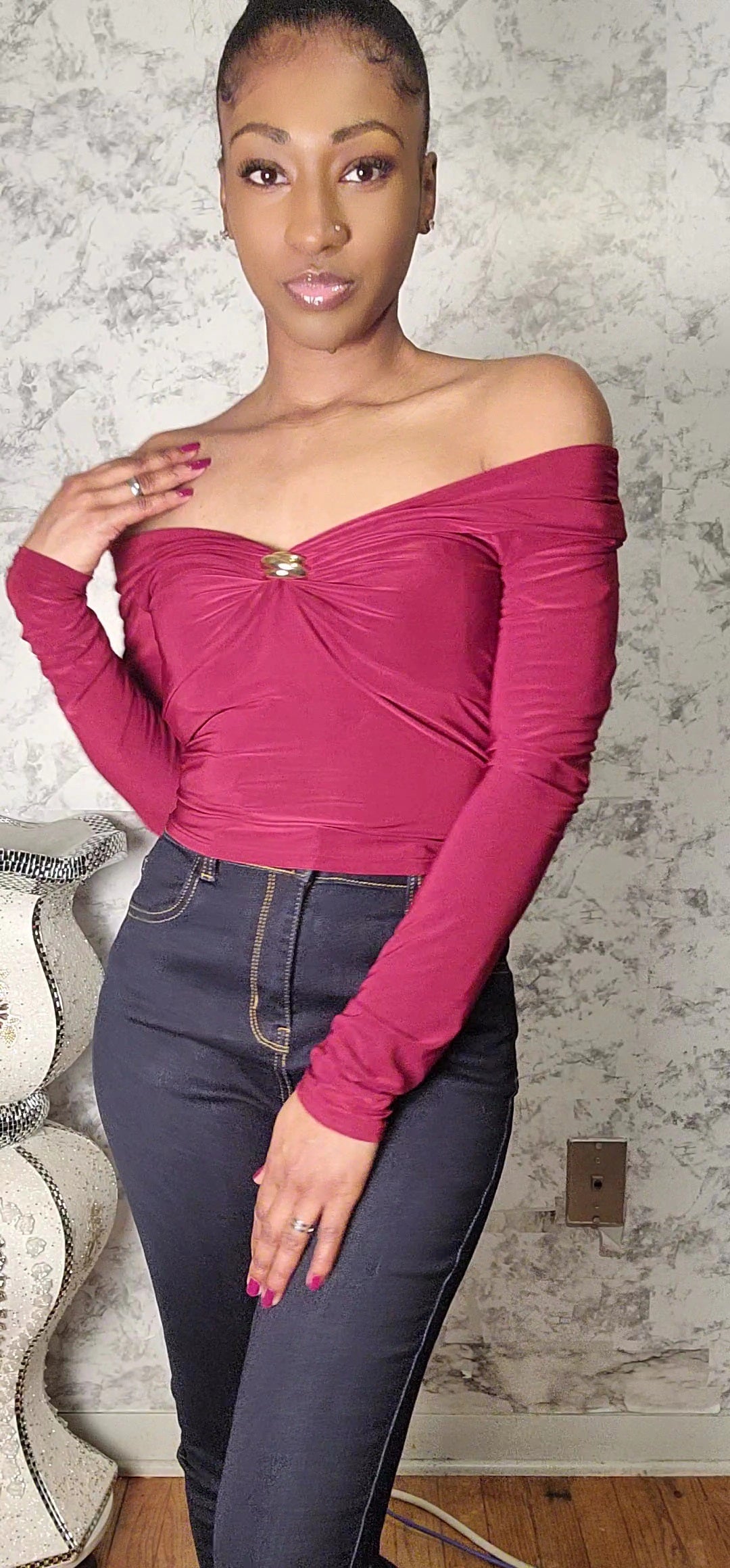 Off Shoulder Long Sleeve Top With Brooch