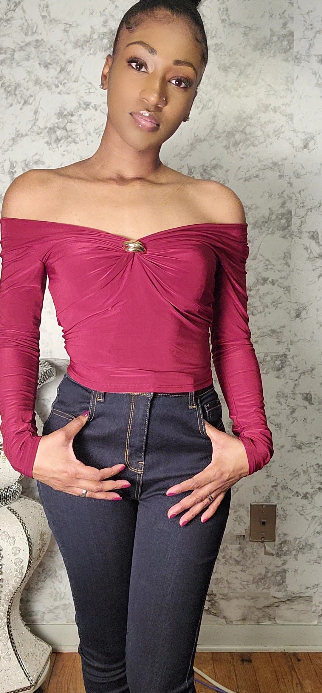 Off Shoulder Long Sleeve Top With Brooch