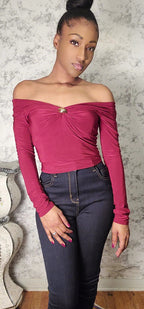 Off Shoulder Long Sleeve Top With Brooch