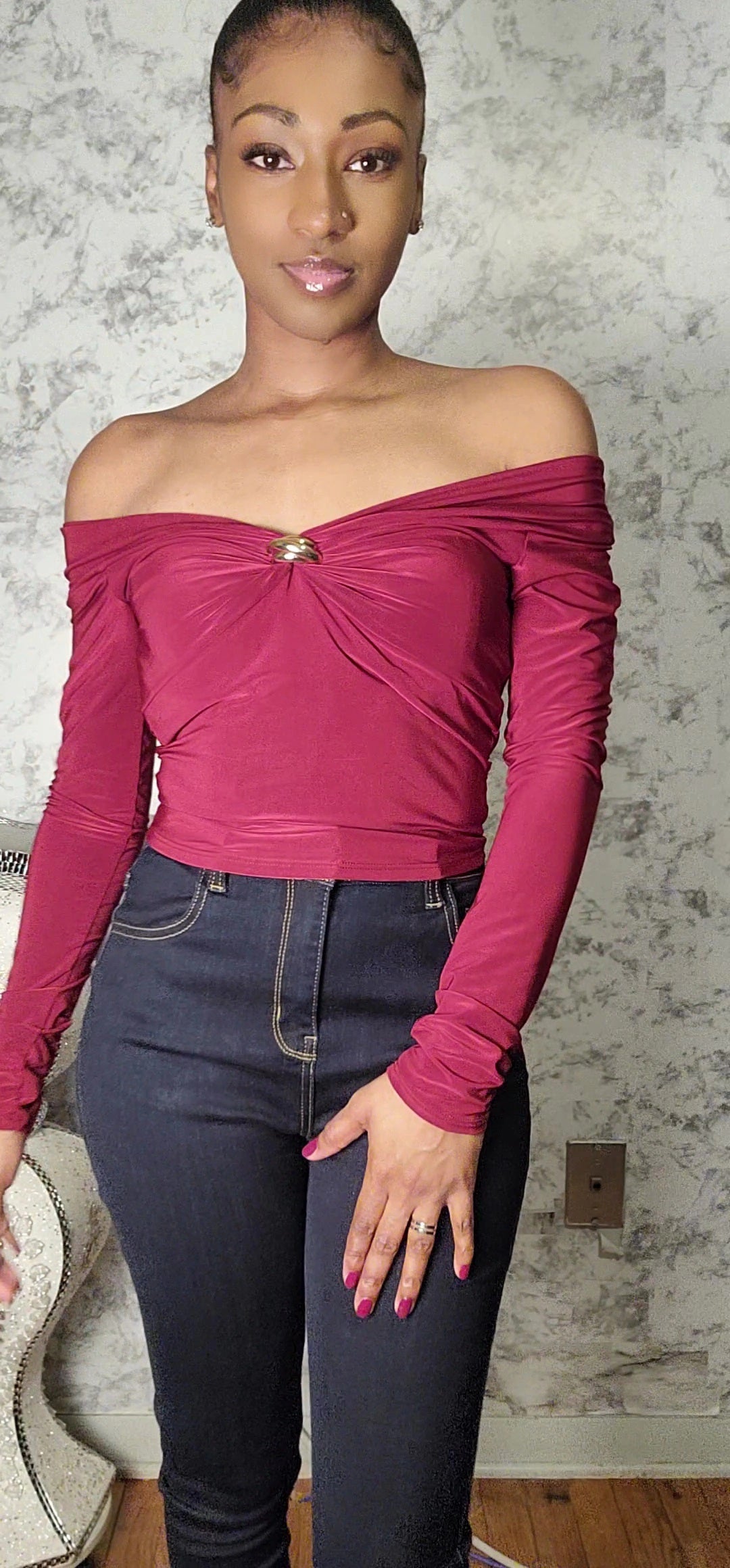 Off Shoulder Long Sleeve Top With Brooch