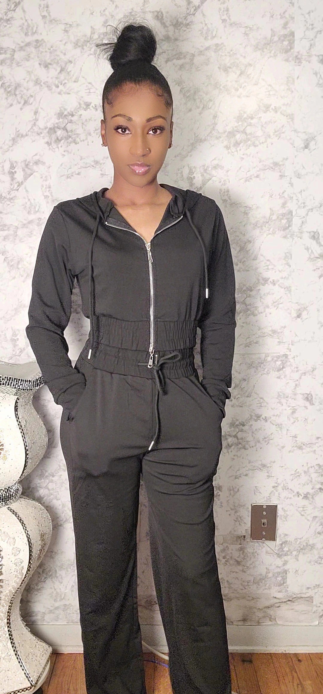 Two Way Zipper Hoodie Jacket And Straight Leg Velour Set