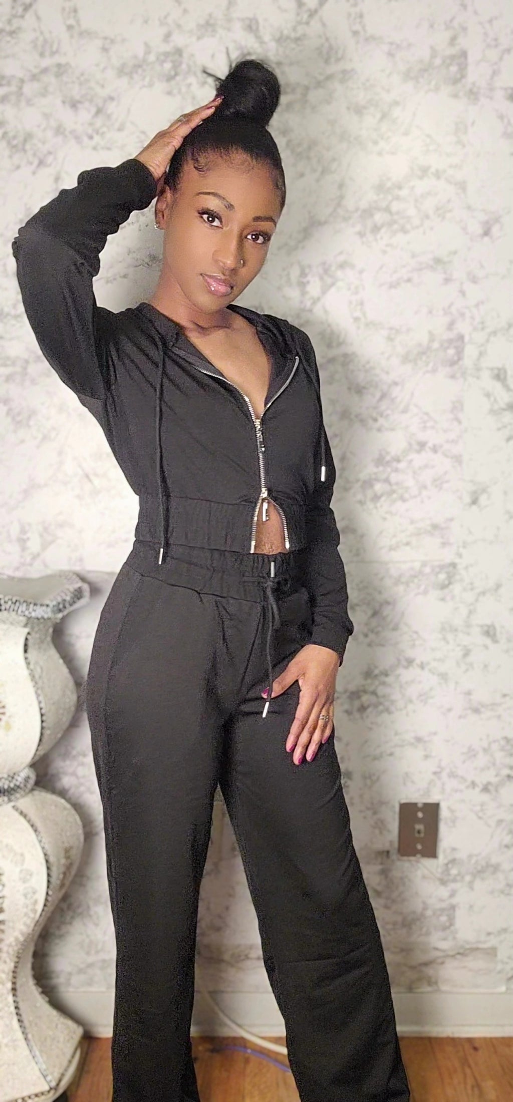 Two Way Zipper Hoodie Jacket And Straight Leg Velour Set