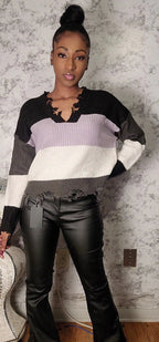 Distressed Colorblock Crochet Sweater