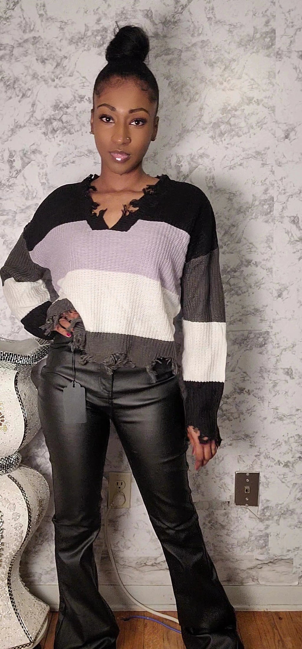 Distressed Colorblock Crochet Sweater