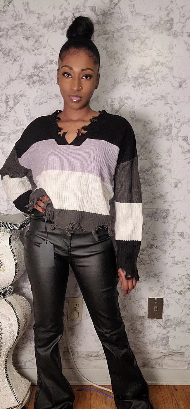Distressed Colorblock Crochet Sweater Hover Image