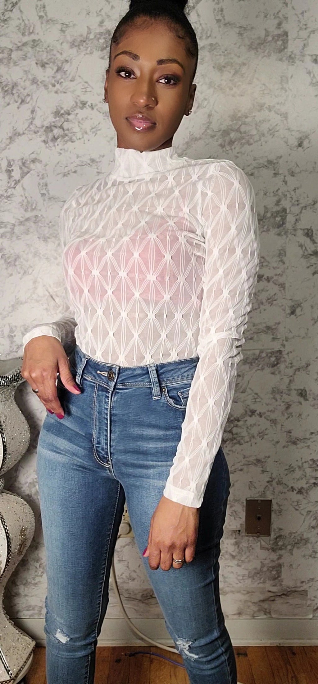 Diamond Long Sleeve Mesh Turtleneck Bodysuit