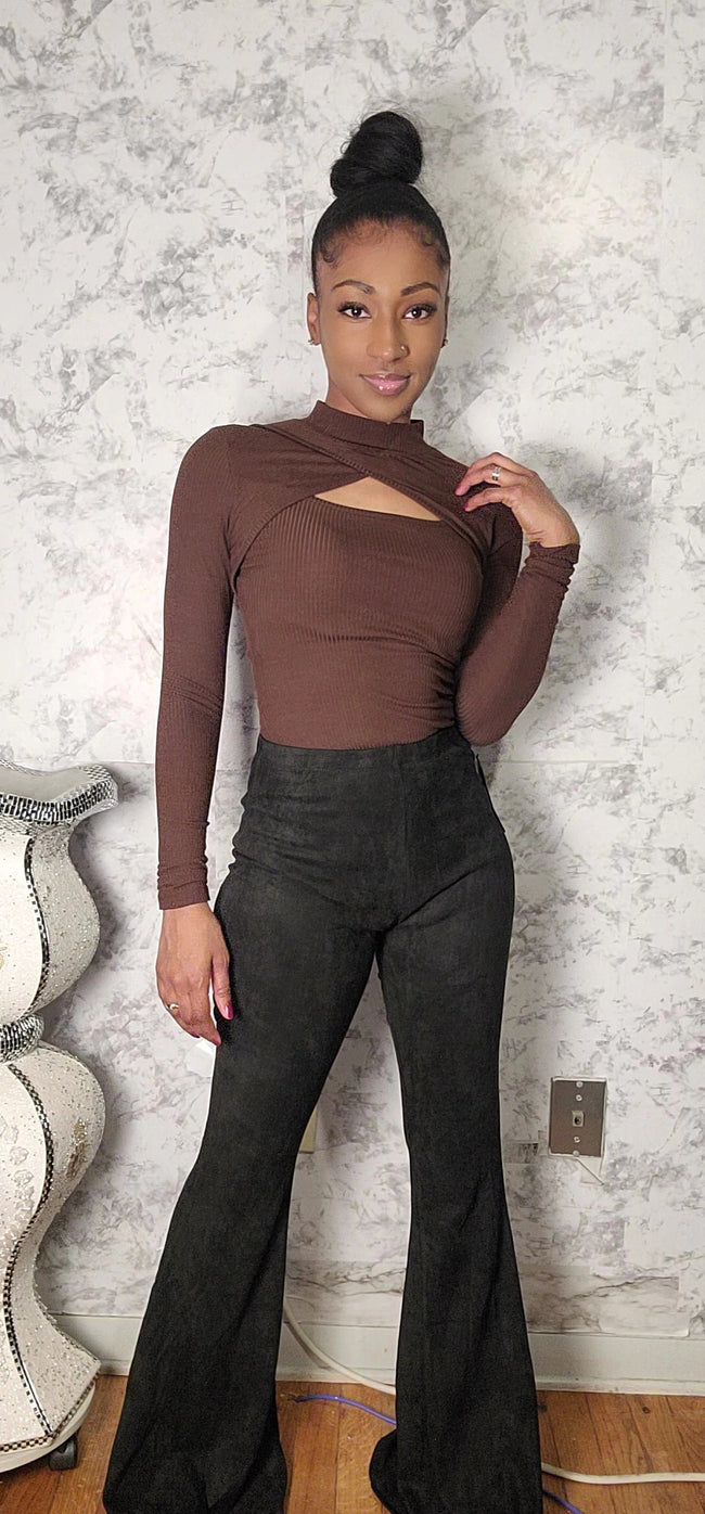 Black Suede Flared Leg Pants Main Image