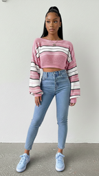 Knit Color Block Bubblegum Cropped Sweater