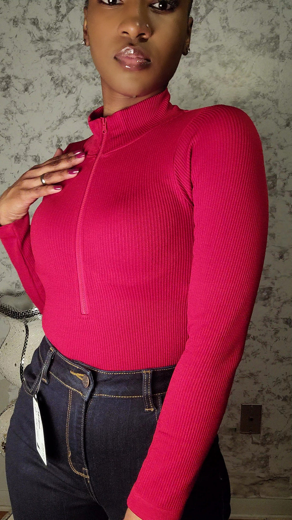 Ribbed High Neck Zipper Bodysuit