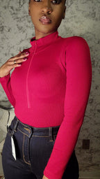 Ribbed High Neck Zipper Bodysuit