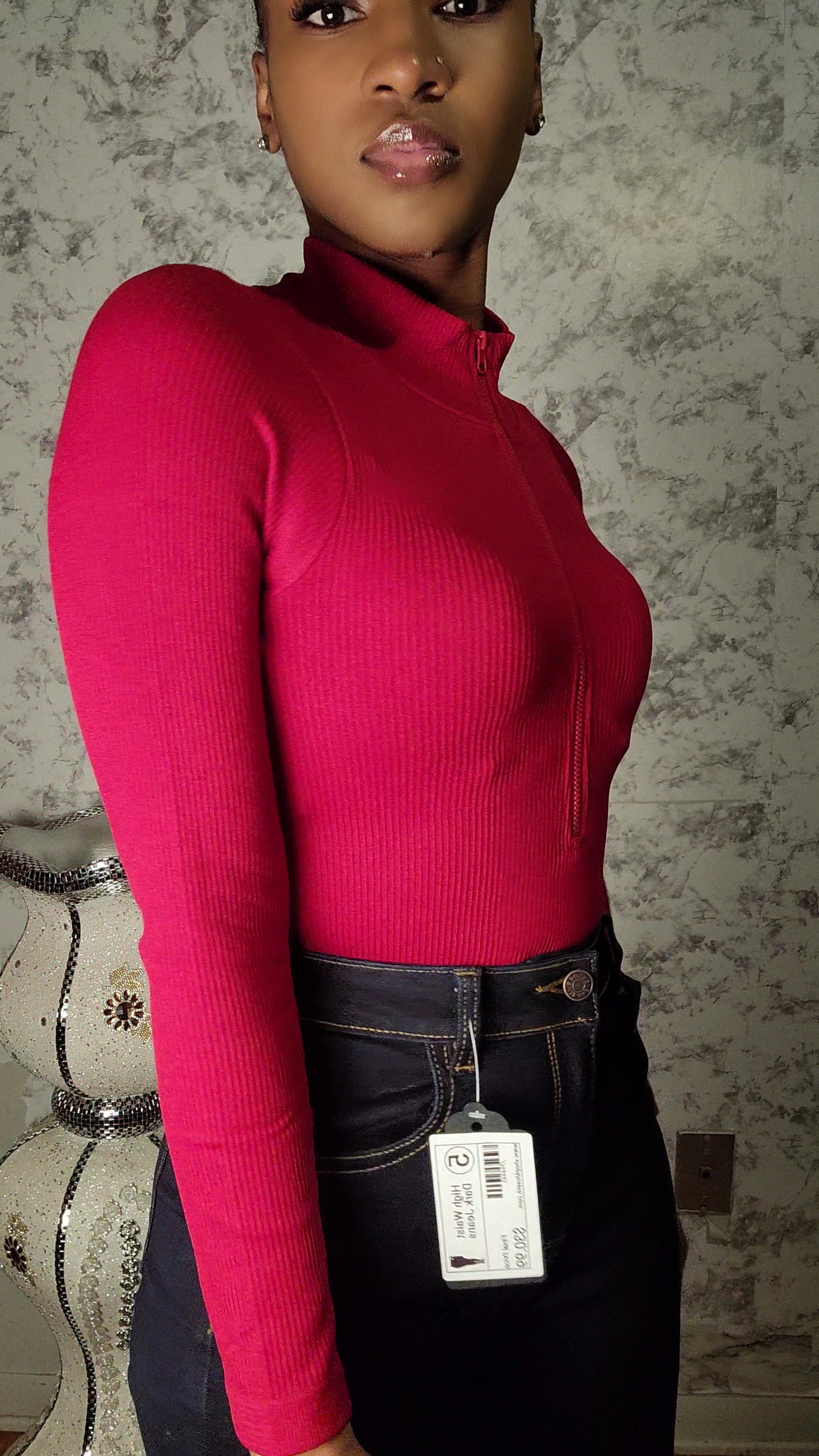 Ribbed High Neck Zipper Bodysuit
