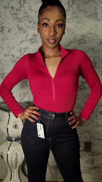 Ribbed High Neck Zipper Bodysuit